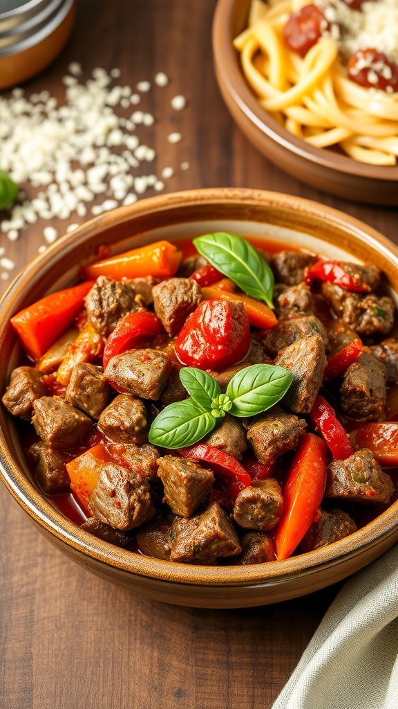 A bowl of chopped beef cacciatore with beef, bell peppers, and tomatoes garnished with basil, beside a serving of pasta.